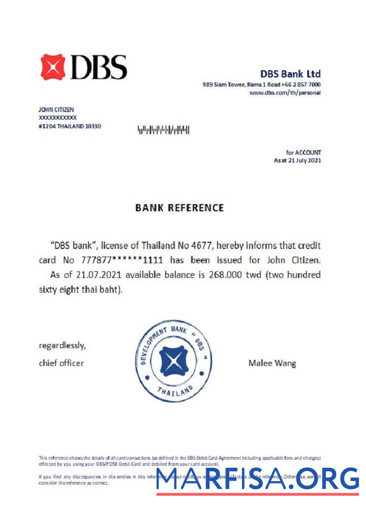 Blank Thailand DBS bank reference real example